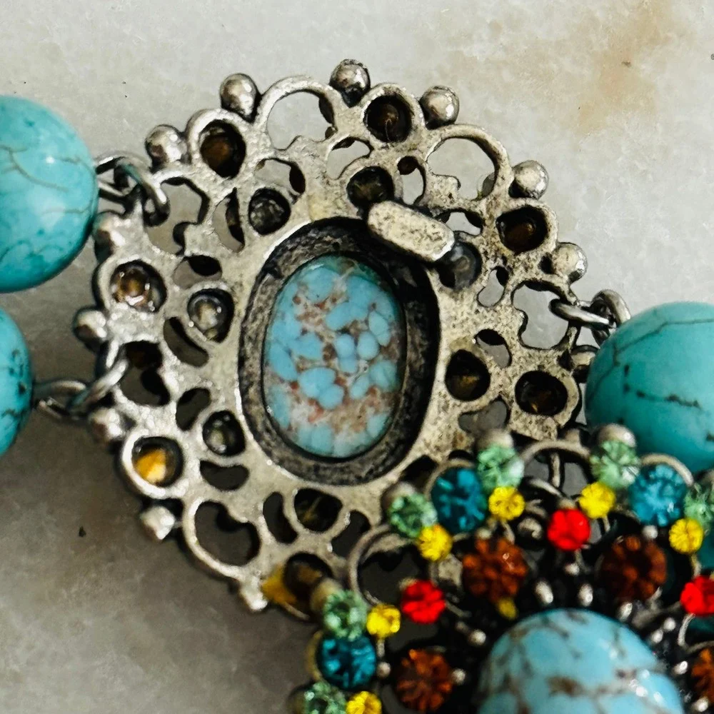 Boho Faux Turquoise Multi-Color Rhinestone Bracelet & Chandelier Earring Set